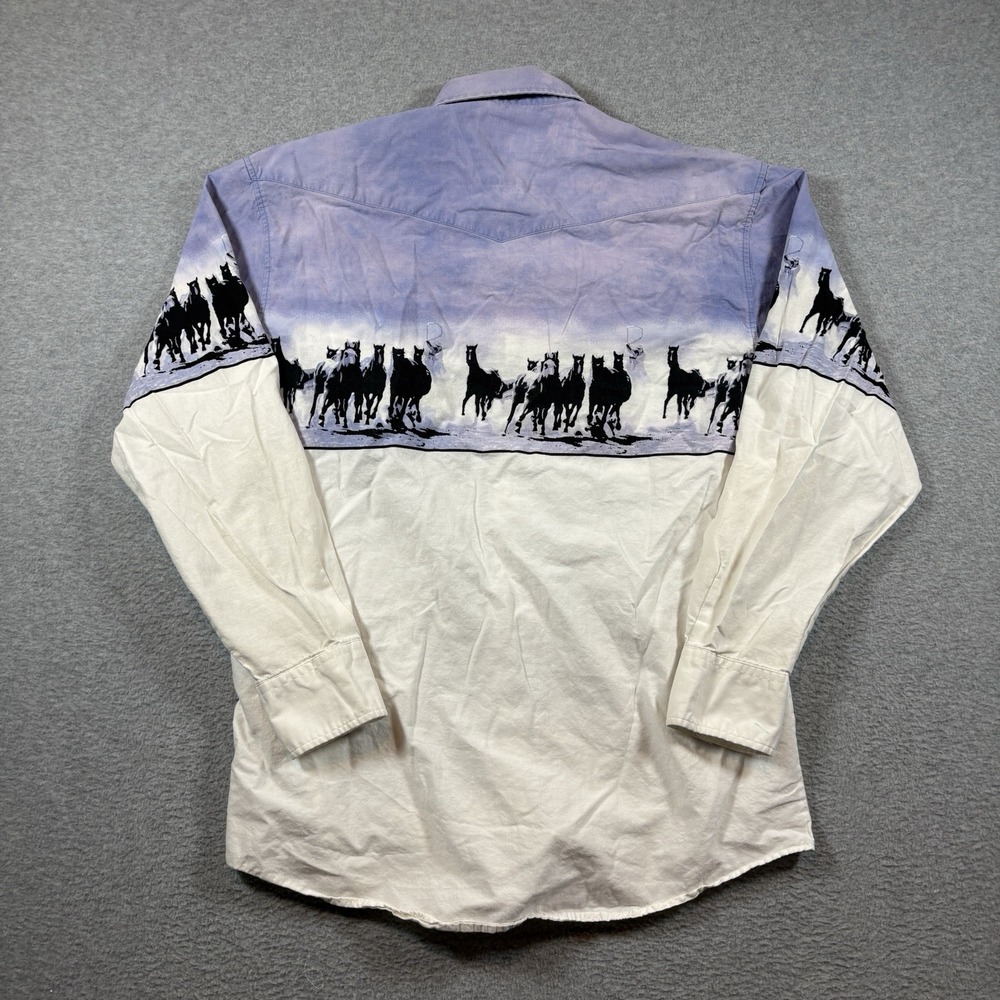 Vintage 90s Roper Running Horses Border Print Western Pearl Snap Shirt Mens L - Picture 4 of 7